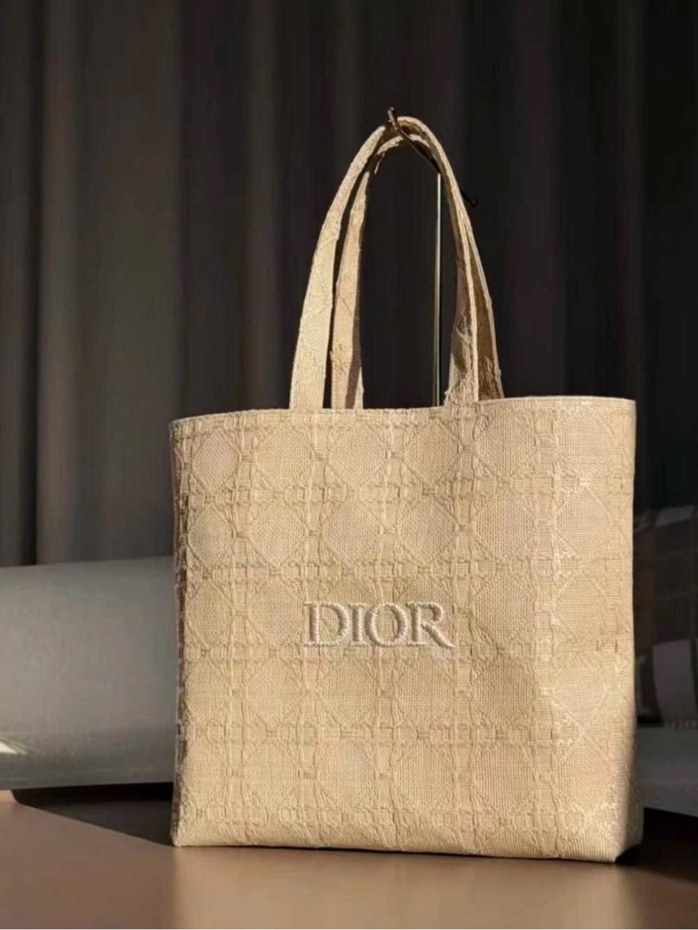 NWT Dior Beauty Beige Woven Diamond Pattern Large Tote Bag Beach Straw Woven Bag